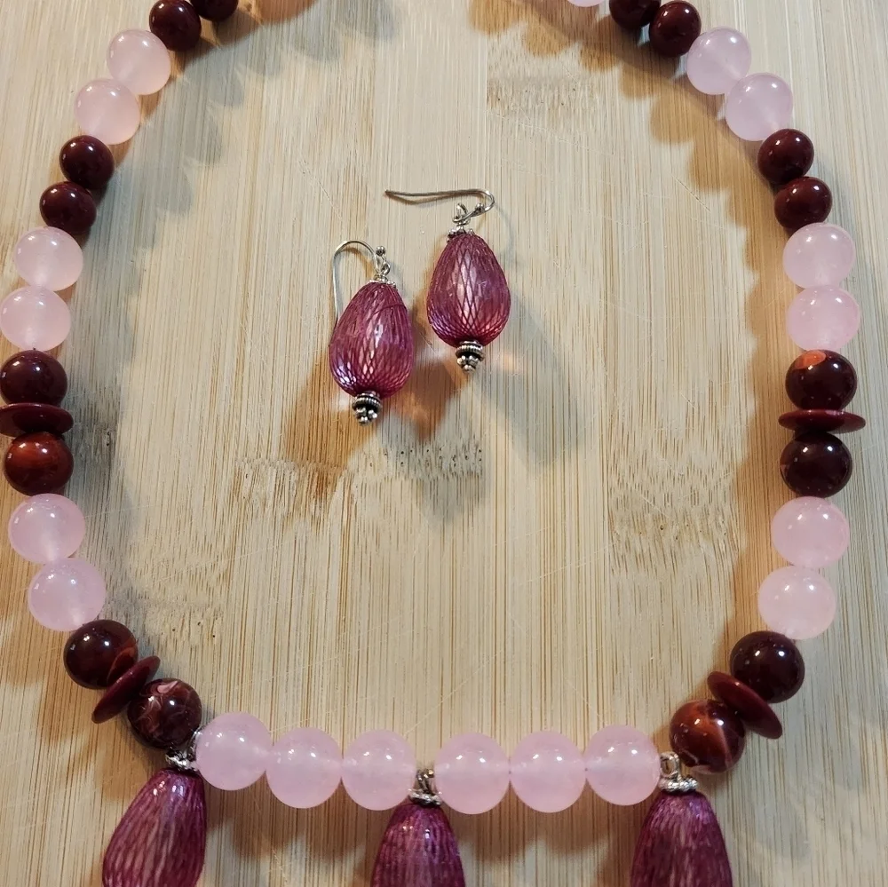 Hand Crafted Pink and Burgundy Beaded Jewelry Set Pierced Earrings and Necklace